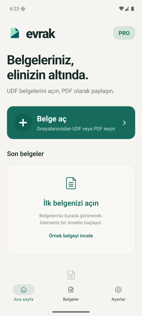 Android’de Evrak: belge açma ekranı