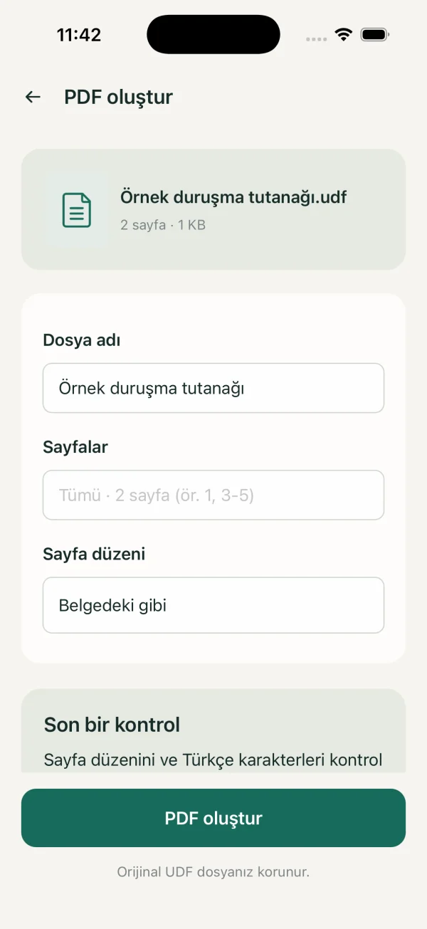PDF oluştur ekranında dosya adı ve sayfa seçimi