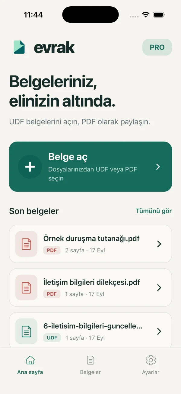Evrak ana ekranındaki Belge aç düğmesi