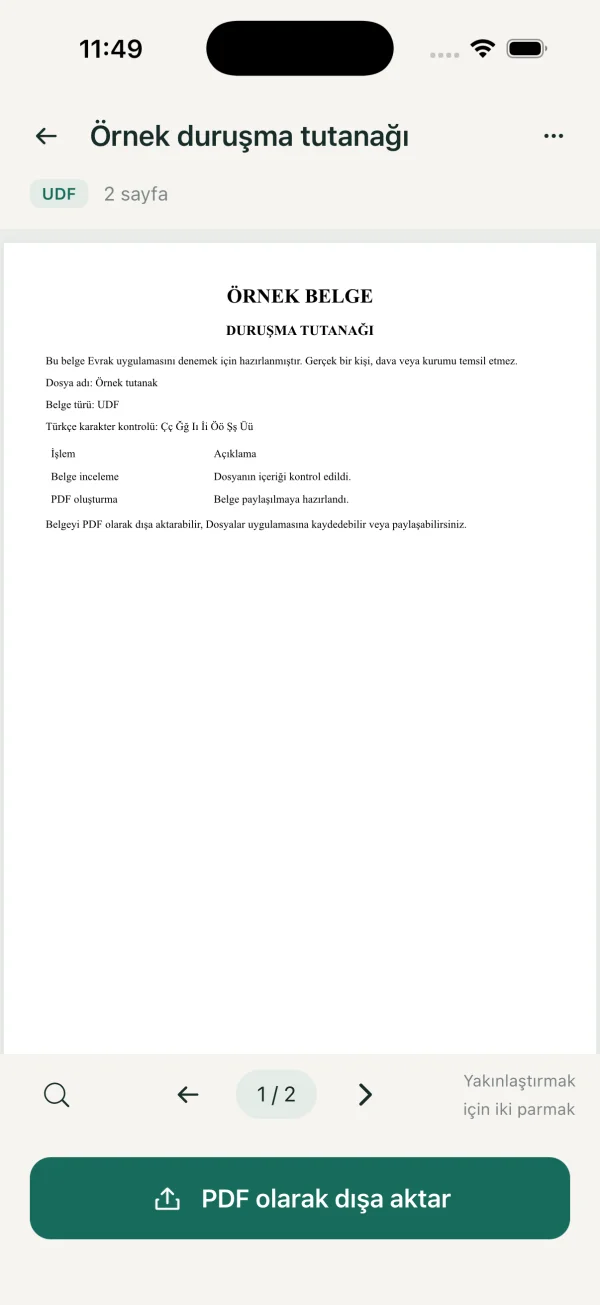 Evrak UDF önizlemesi ve PDF olarak dışa aktar düğmesi
