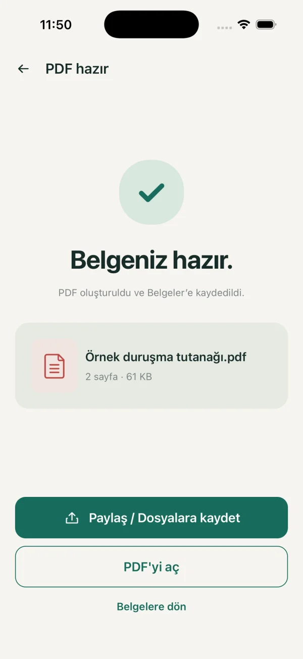 PDF hazır ekranındaki paylaşım ve açma düğmeleri